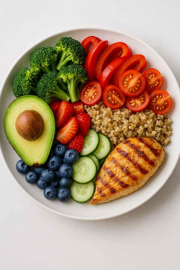 Mesa con vegetales frescos, granos y alimentos variados preparados de forma sencilla